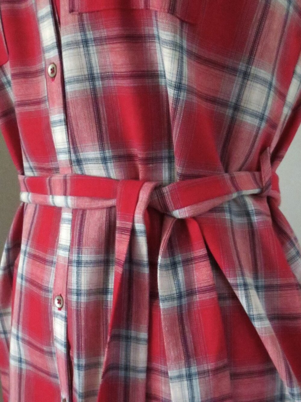 Classic Americana Red & White Plaid Button Front Short Sleeve Shirt Dress - Picture 6 of 15
